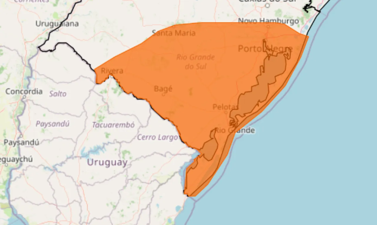 A imagem mostra cidades do Rio Grande do Sul em alerta laranja para tempestade